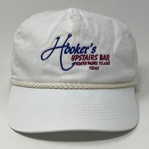 Vintage 90s Hookers Upstairs Bar Hat Baseball Cap Texas Rope Cord Snapback White